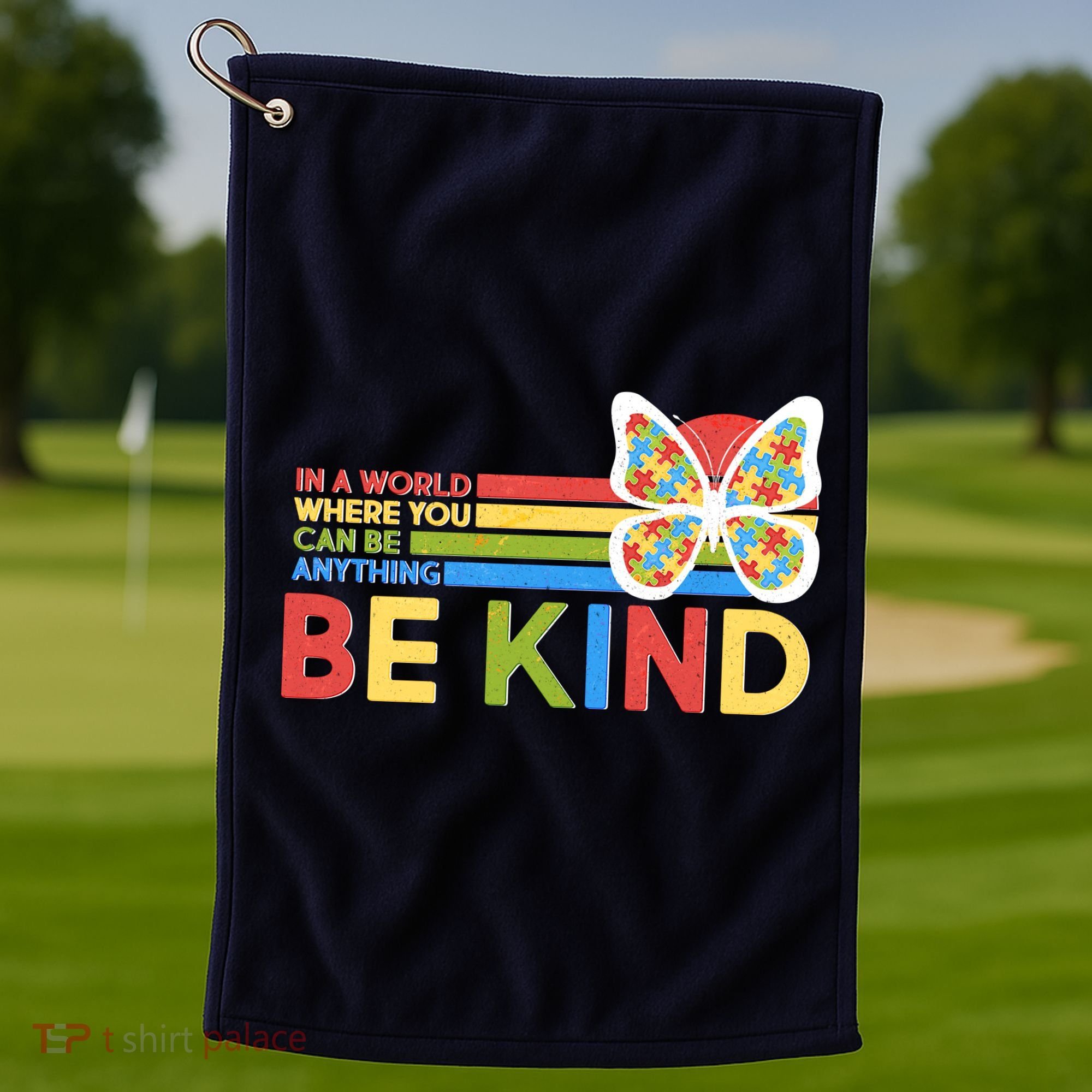 In A World Where You Can Be Anything Be Kind Autism Awareness Golf Towel