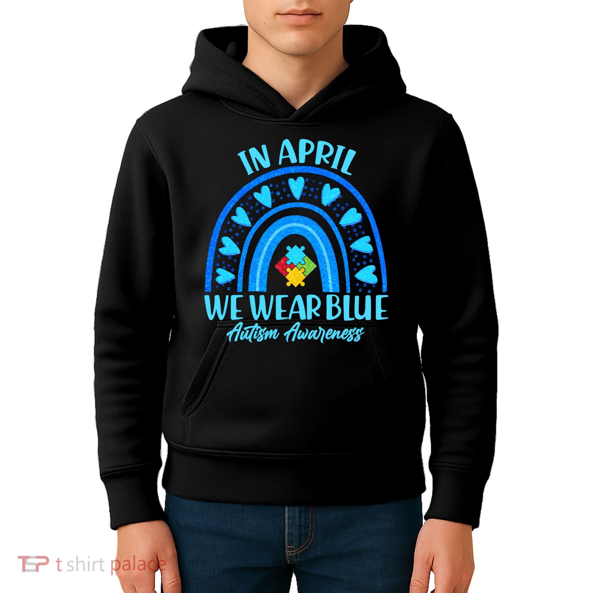 In April We Wear Blue Autism Awareness Kids Hoodie