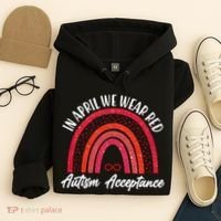 In April We Wear Red Autism Acceptance Red Rainbow Hoodie thumb 4
