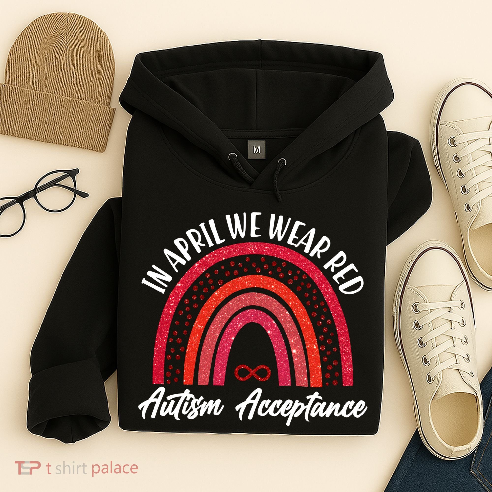 In April We Wear Red Autism Acceptance Red Rainbow Hoodie