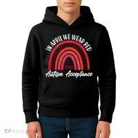 In April We Wear Red Autism Acceptance Red Rainbow Kids Hoodie thumb 4