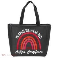 In April We Wear Red Autism Acceptance Red Rainbow Tote Bag thumb 0