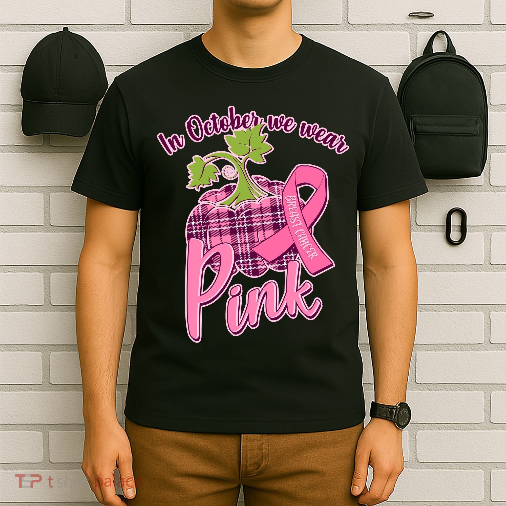 In October We Wear Pink Breast Cancer Autumn Pumpkin T-Shirt