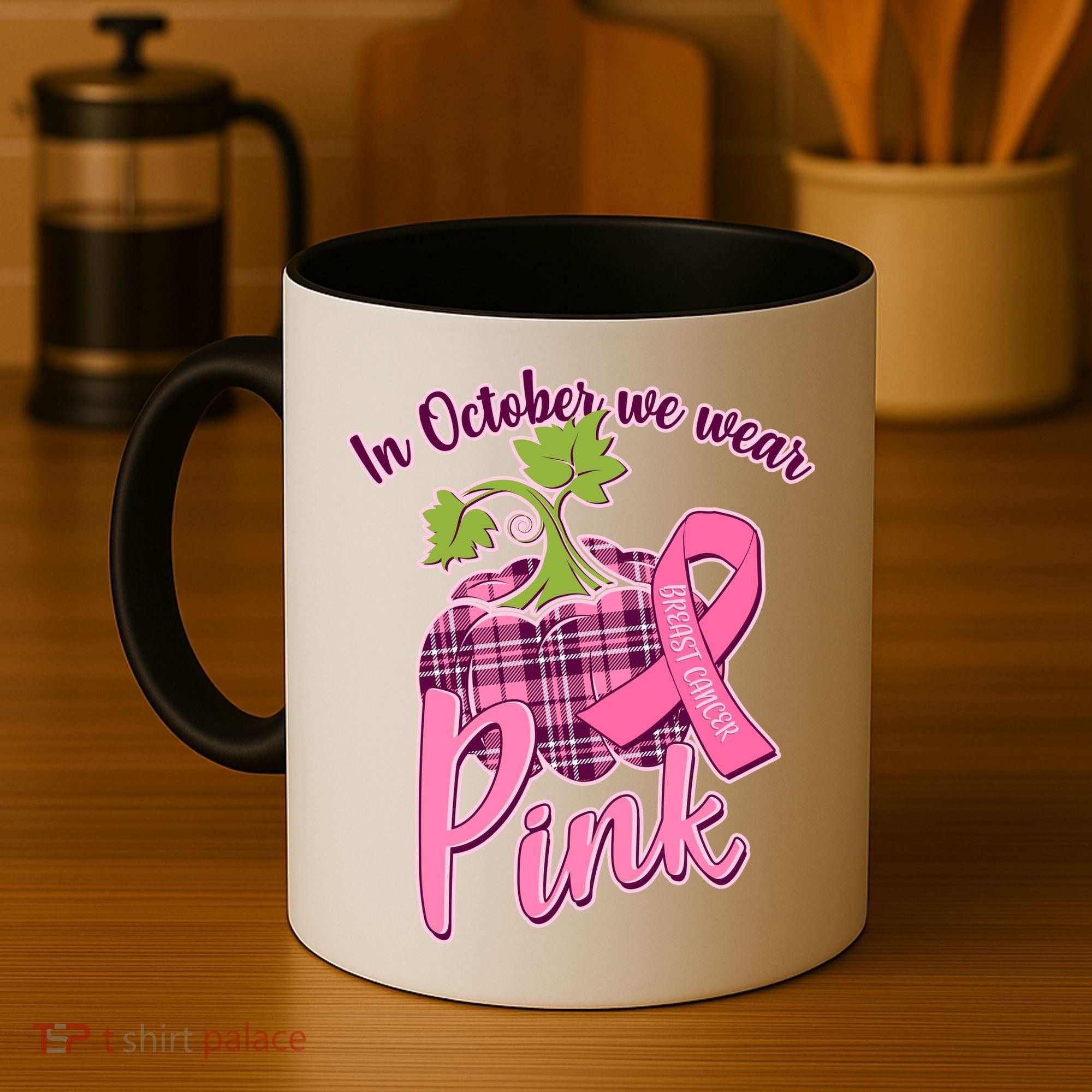 In October We Wear Pink Breast Cancer Autumn Pumpkin Coffee Mug
