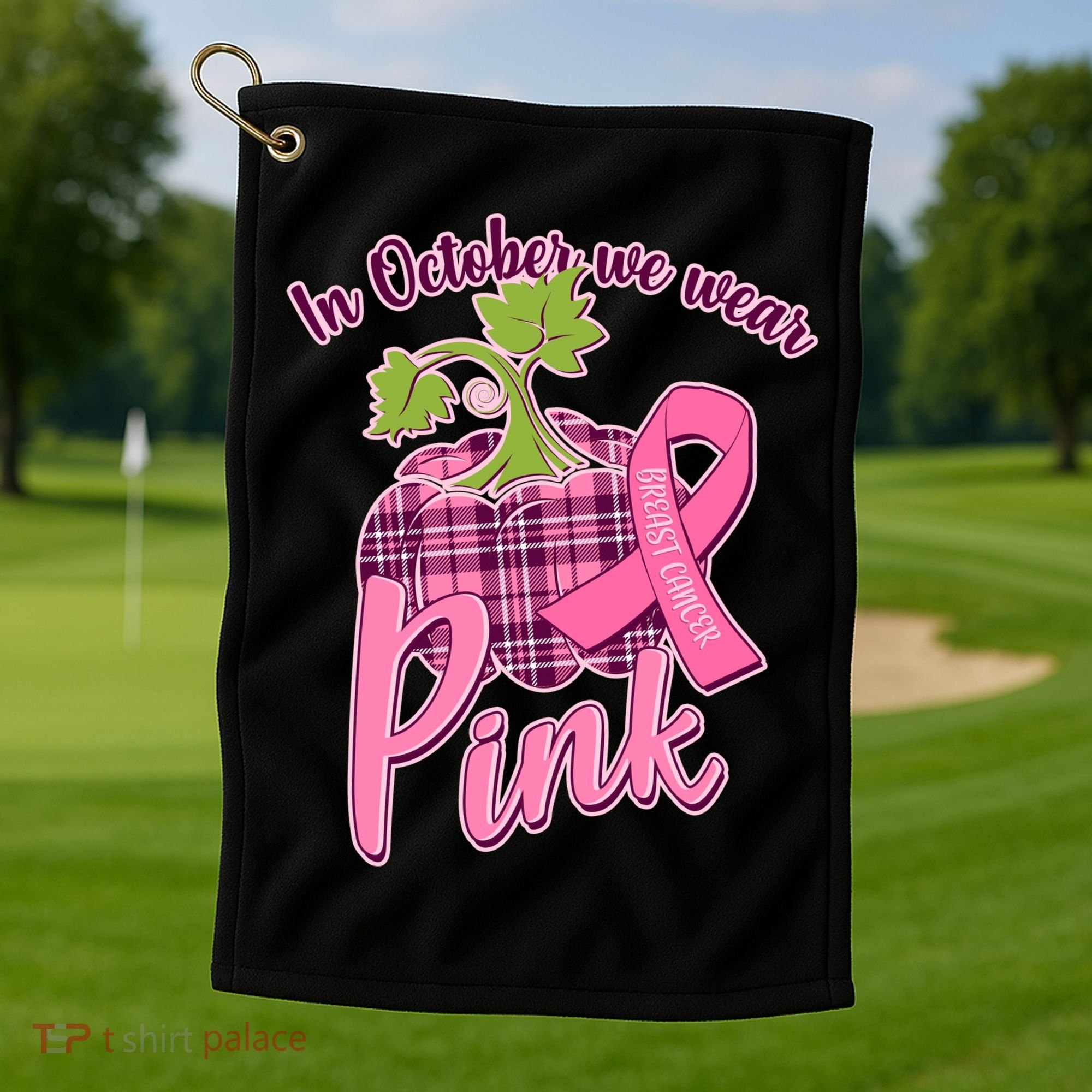 In October We Wear Pink Breast Cancer Autumn Pumpkin Golf Towel