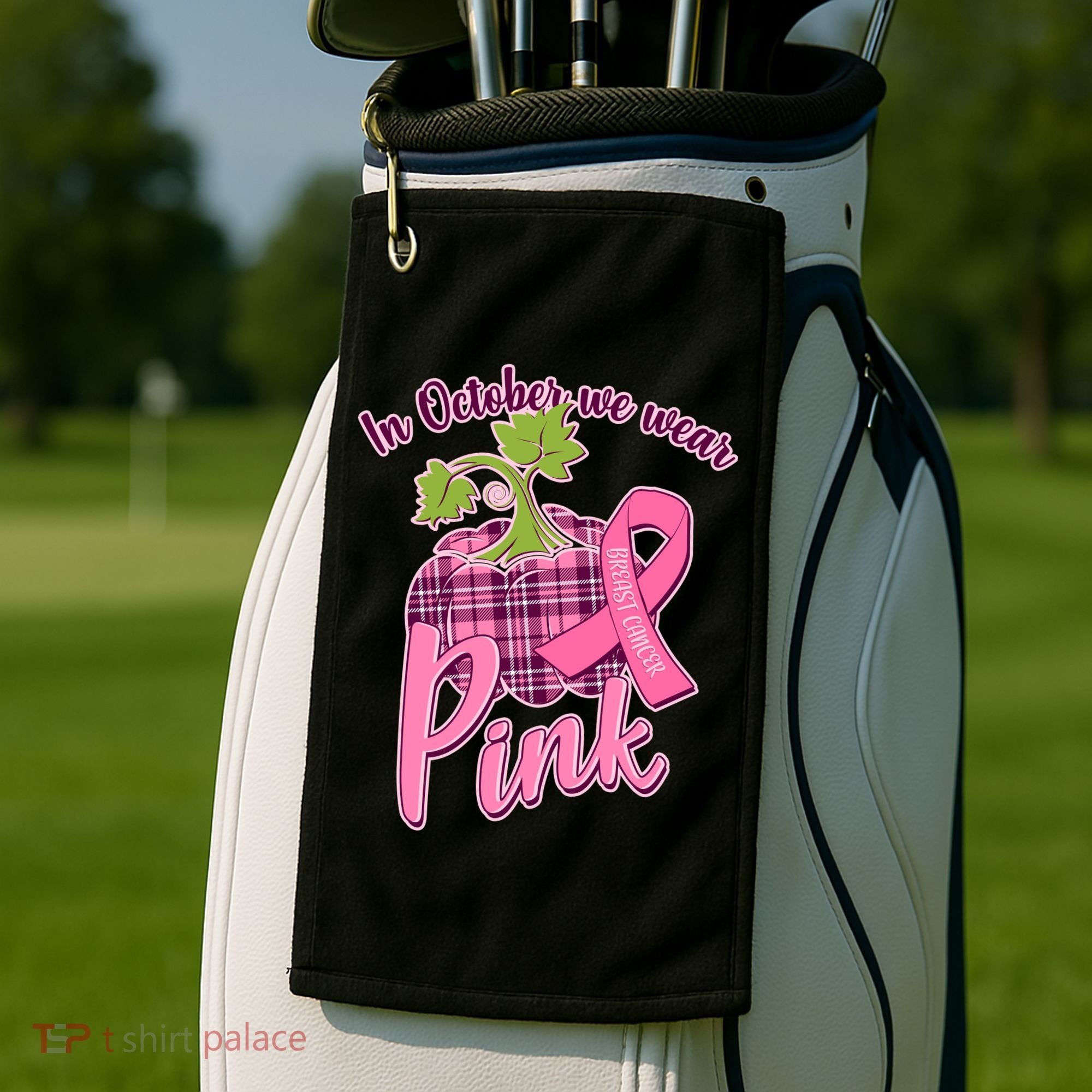 In October We Wear Pink Breast Cancer Autumn Pumpkin Golf Towel