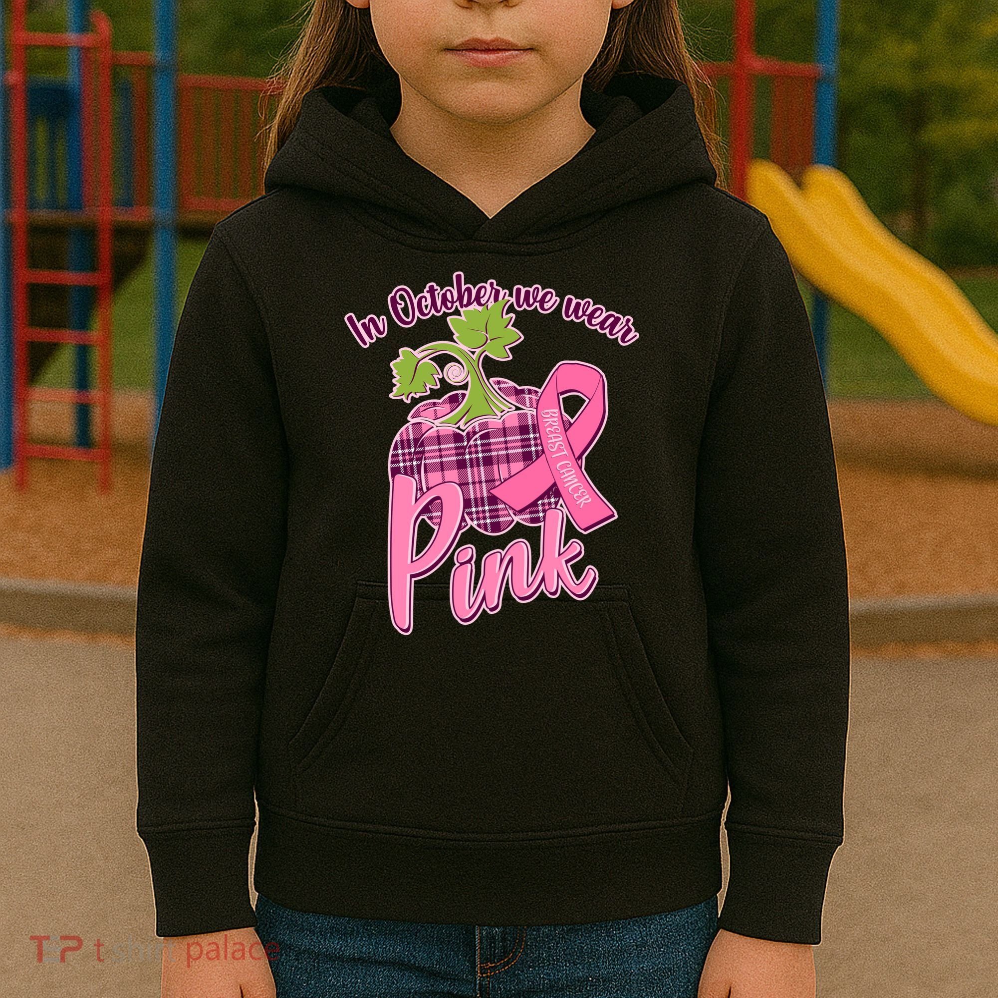 In October We Wear Pink Breast Cancer Autumn Pumpkin Kids Hoodie