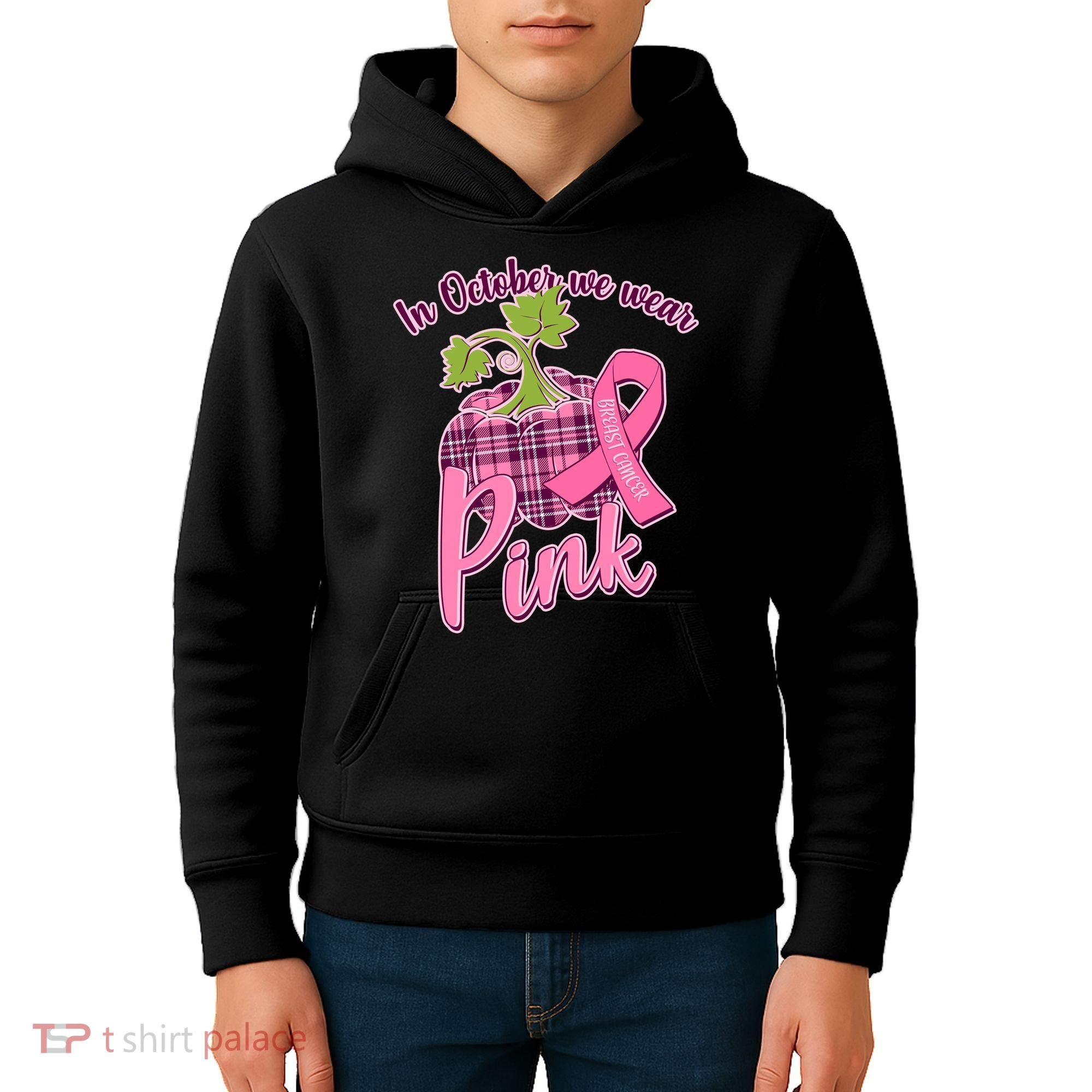 In October We Wear Pink Breast Cancer Autumn Pumpkin Kids Hoodie