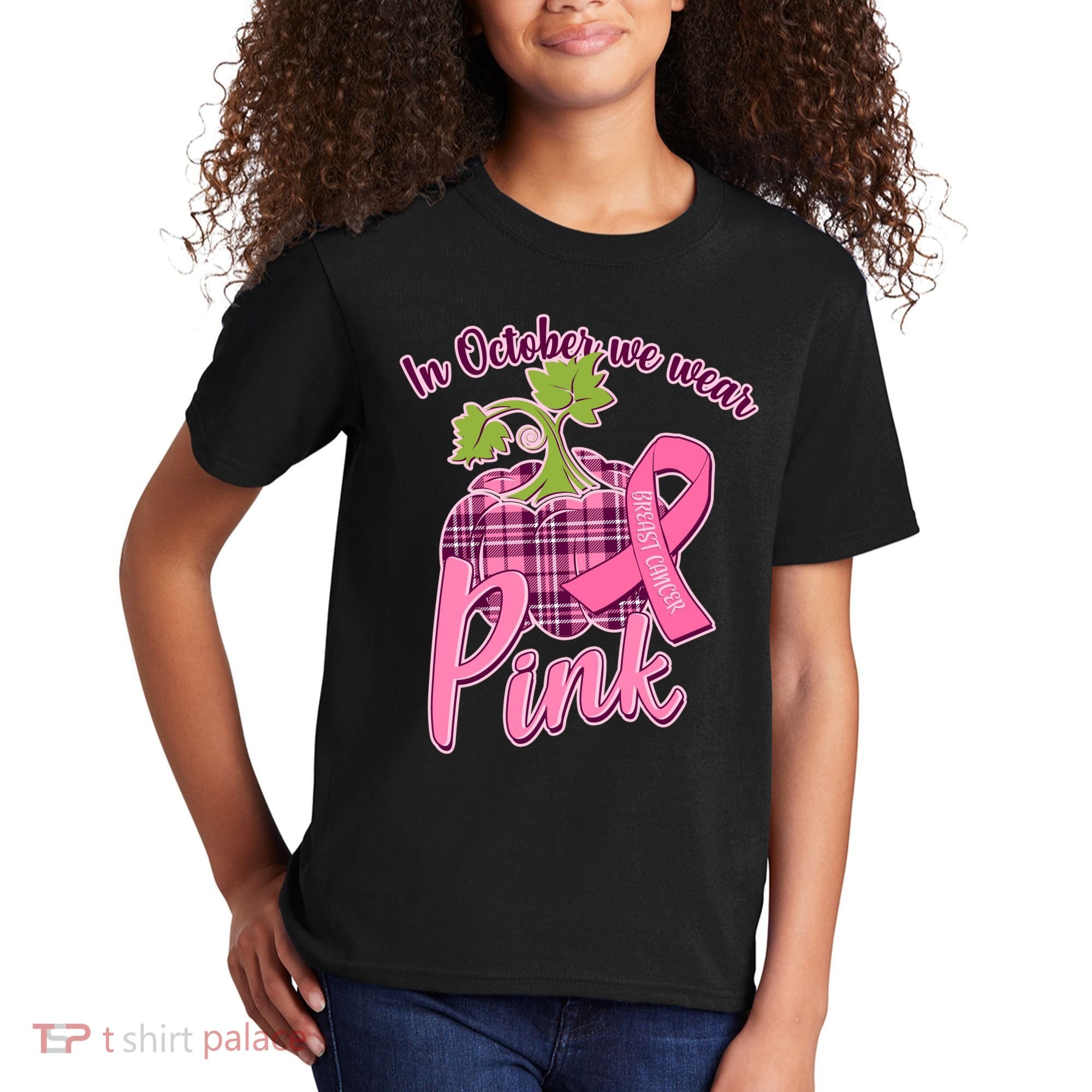 In October We Wear Pink Breast Cancer Autumn Pumpkin Kids T-Shirt