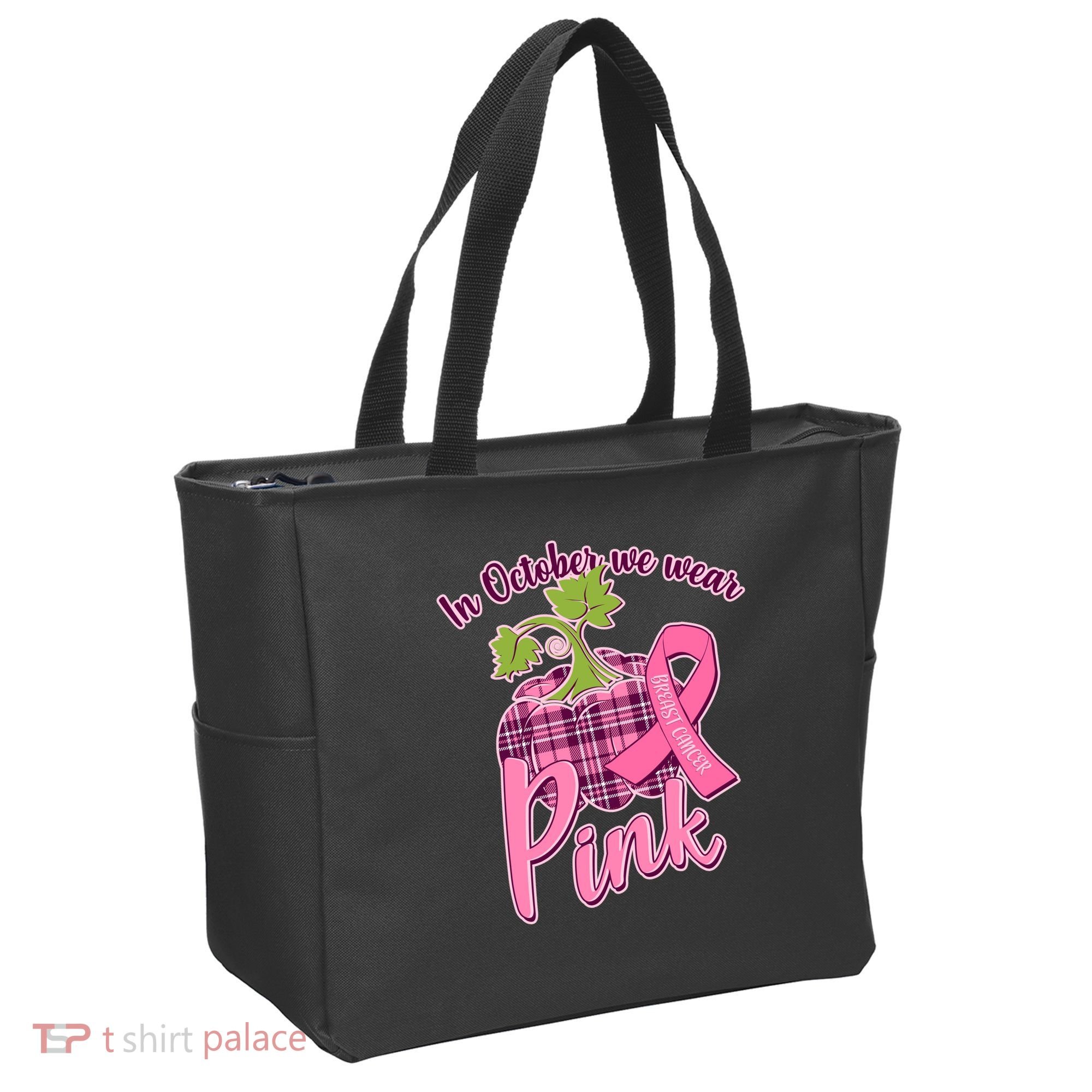 In October We Wear Pink Breast Cancer Autumn Pumpkin Tote Bag