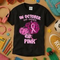 In October We Wear Pink Breast Cancer Awareness Kids T-Shirt thumb 3