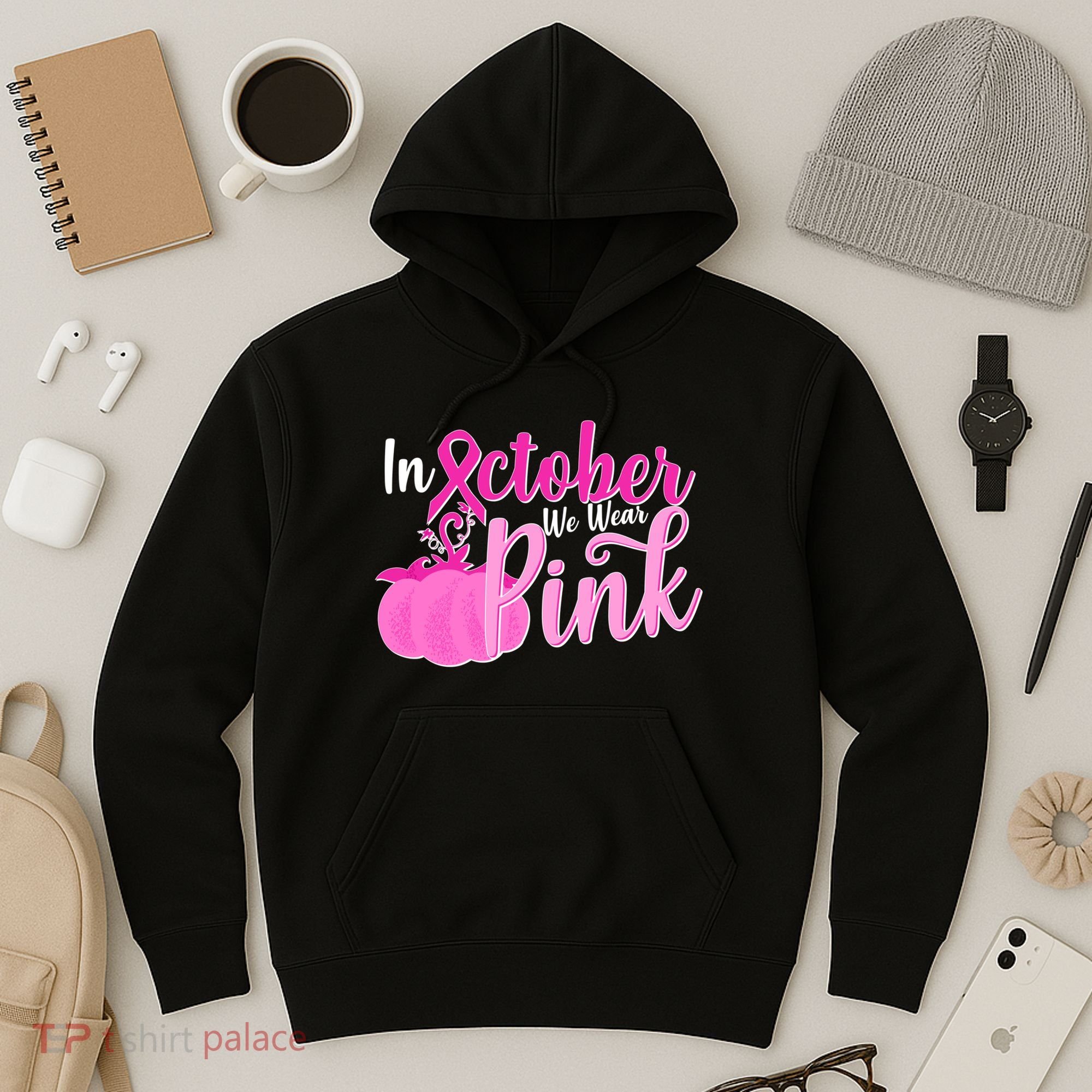 In October We Wear Pink Breast Cancer Awareness Pumpkin Hoodie
