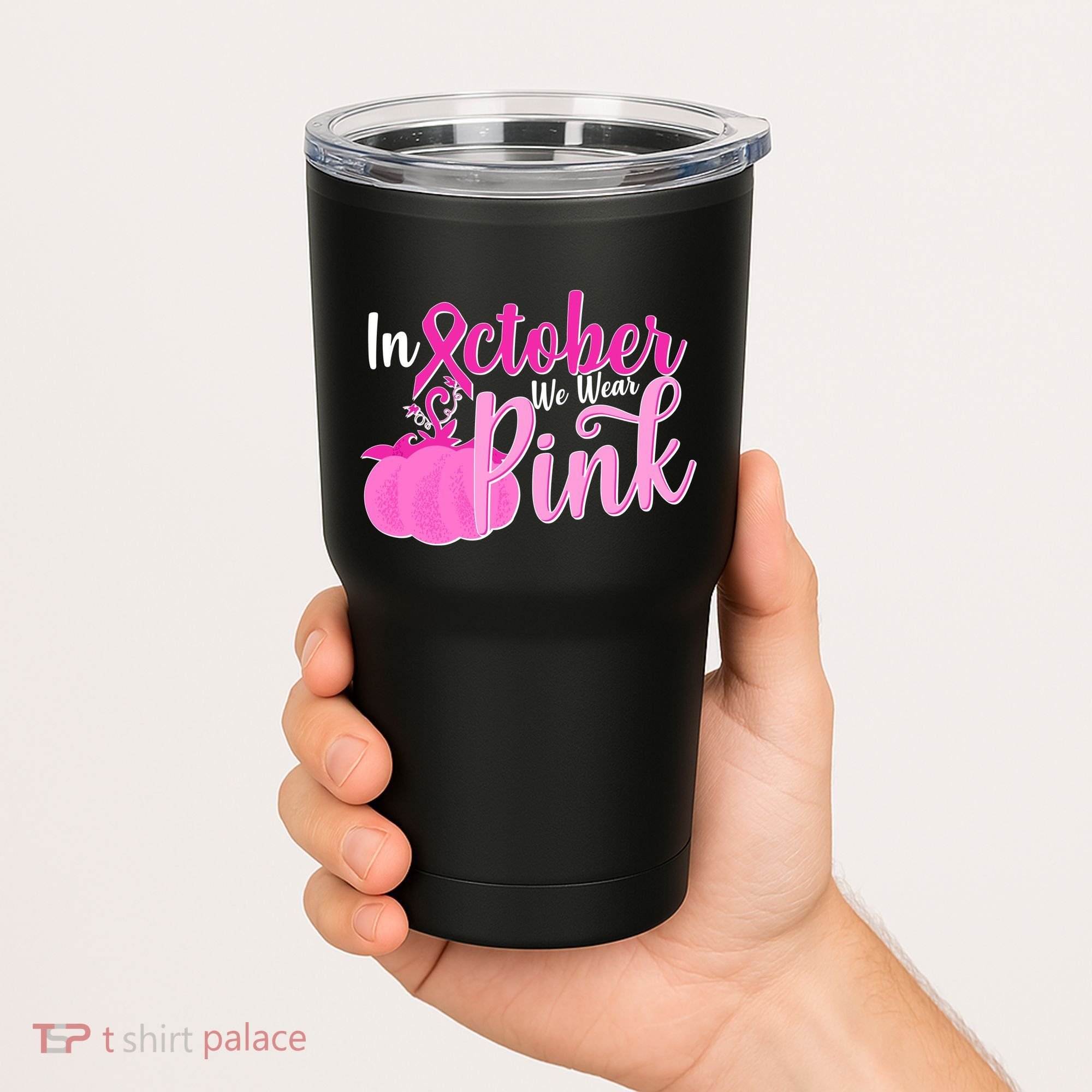 In October We Wear Pink Breast Cancer Awareness Pumpkin Tumbler