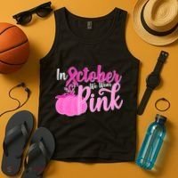 In October We Wear Pink Breast Cancer Awareness Pumpkin Tank Top thumb 4