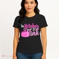 In October We Wear Pink Breast Cancer Awareness Pumpkin Women's T-Shirt thumb 4