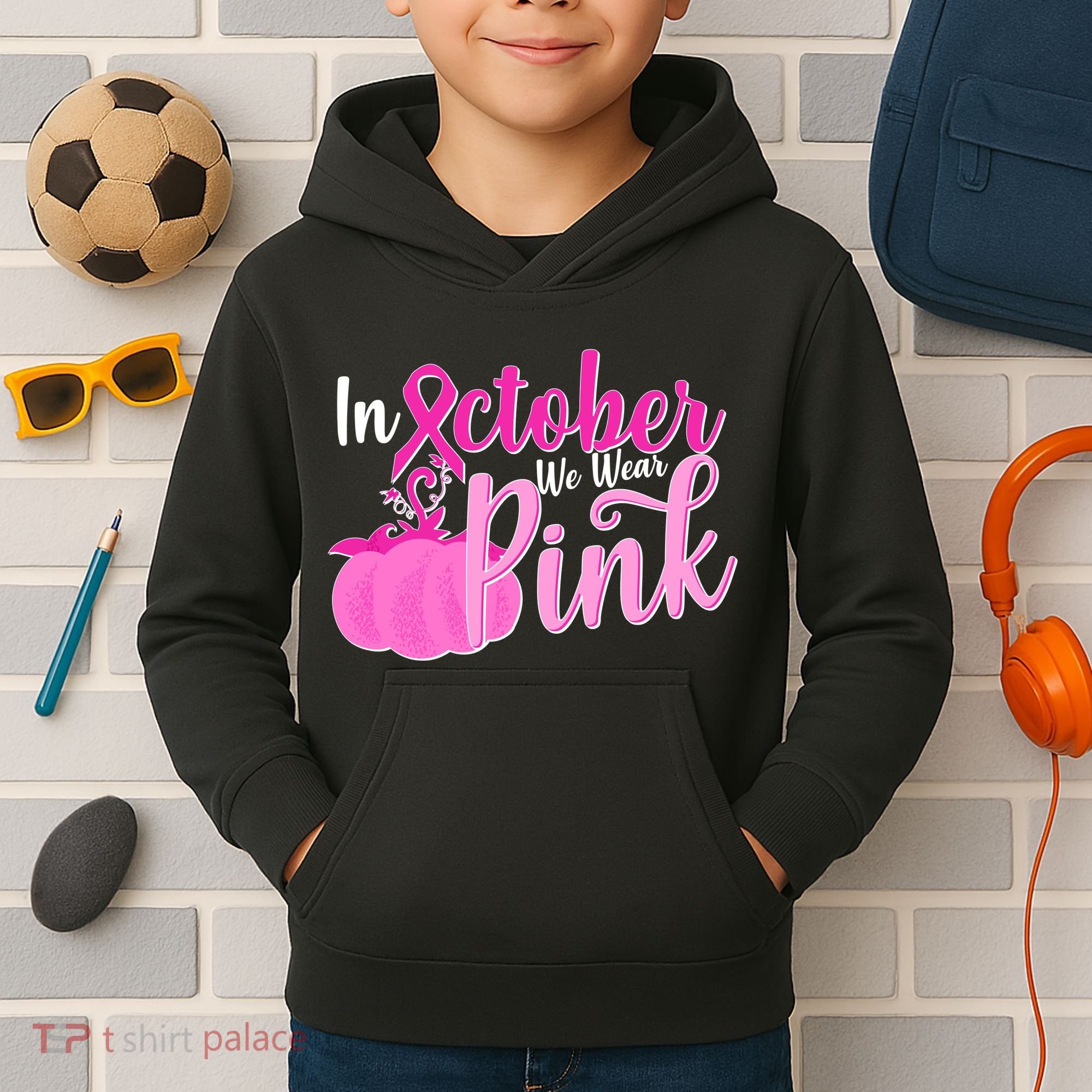 In October We Wear Pink Breast Cancer Awareness Pumpkin Kids Hoodie
