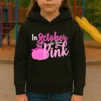 In October We Wear Pink Breast Cancer Awareness Pumpkin Kids Hoodie thumb 3