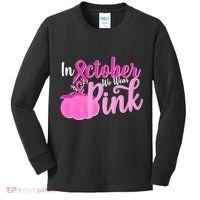 In October We Wear Pink Breast Cancer Awareness Pumpkin Kids Long Sleeve Shirt thumb 0