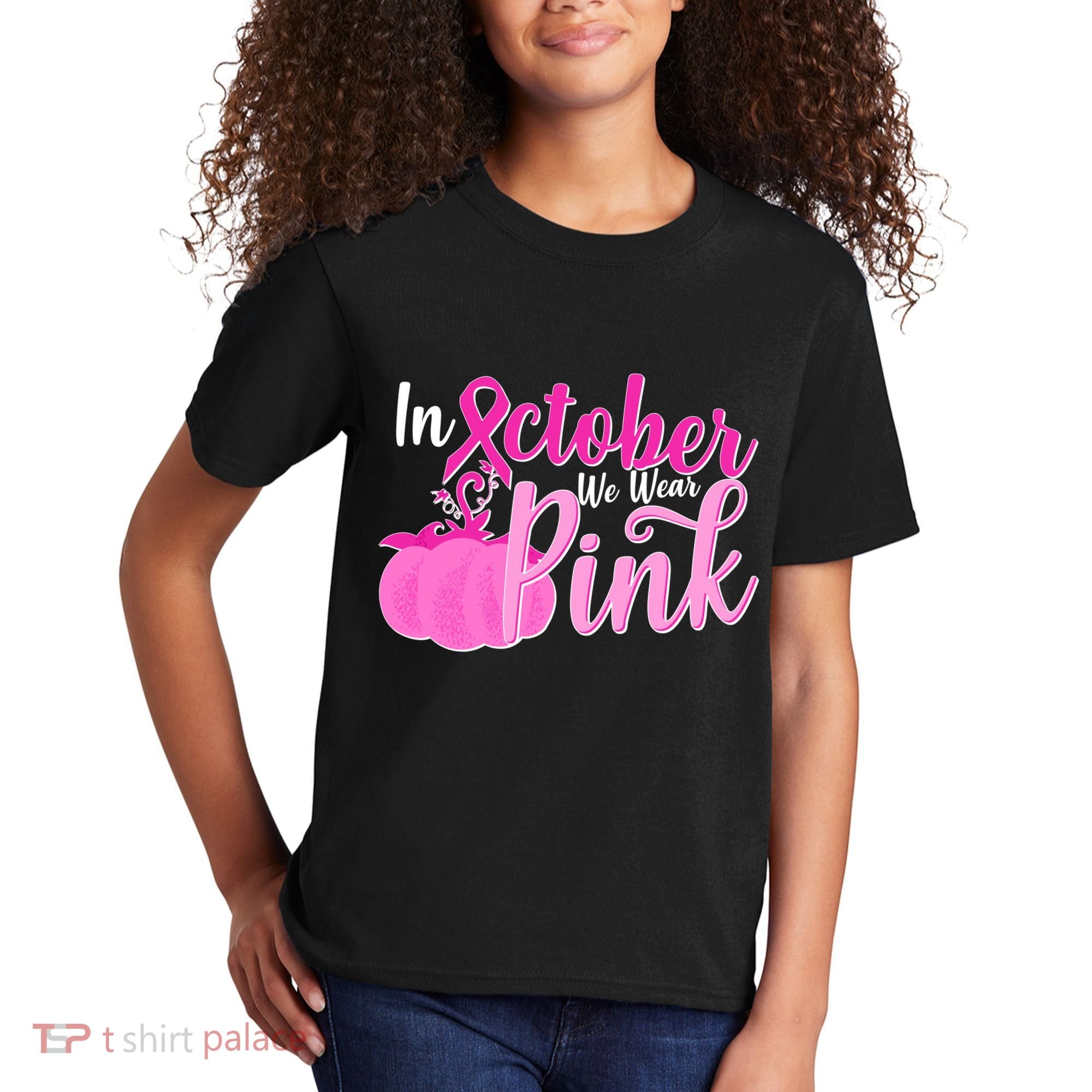 In October We Wear Pink Breast Cancer Awareness Pumpkin Kids T-Shirt