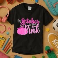 In October We Wear Pink Breast Cancer Awareness Pumpkin Kids T-Shirt thumb 3