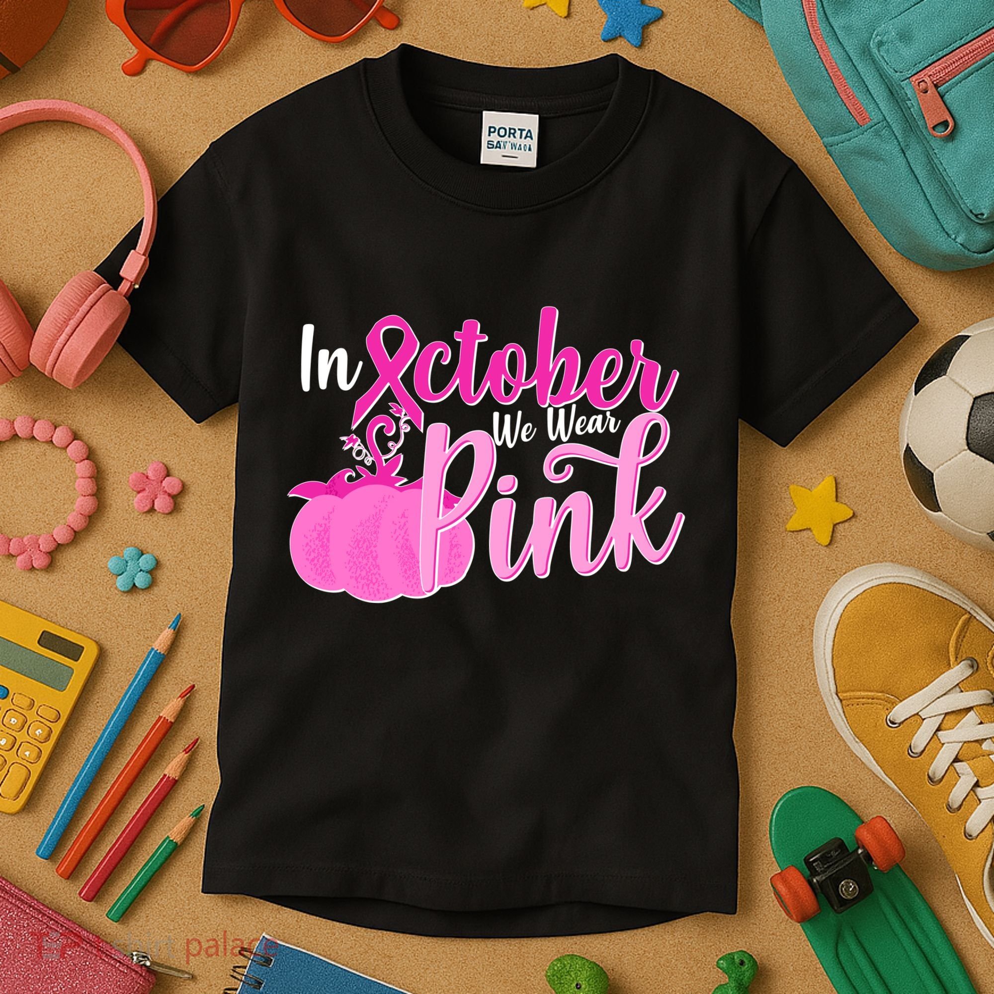 In October We Wear Pink Breast Cancer Awareness Pumpkin Kids T-Shirt