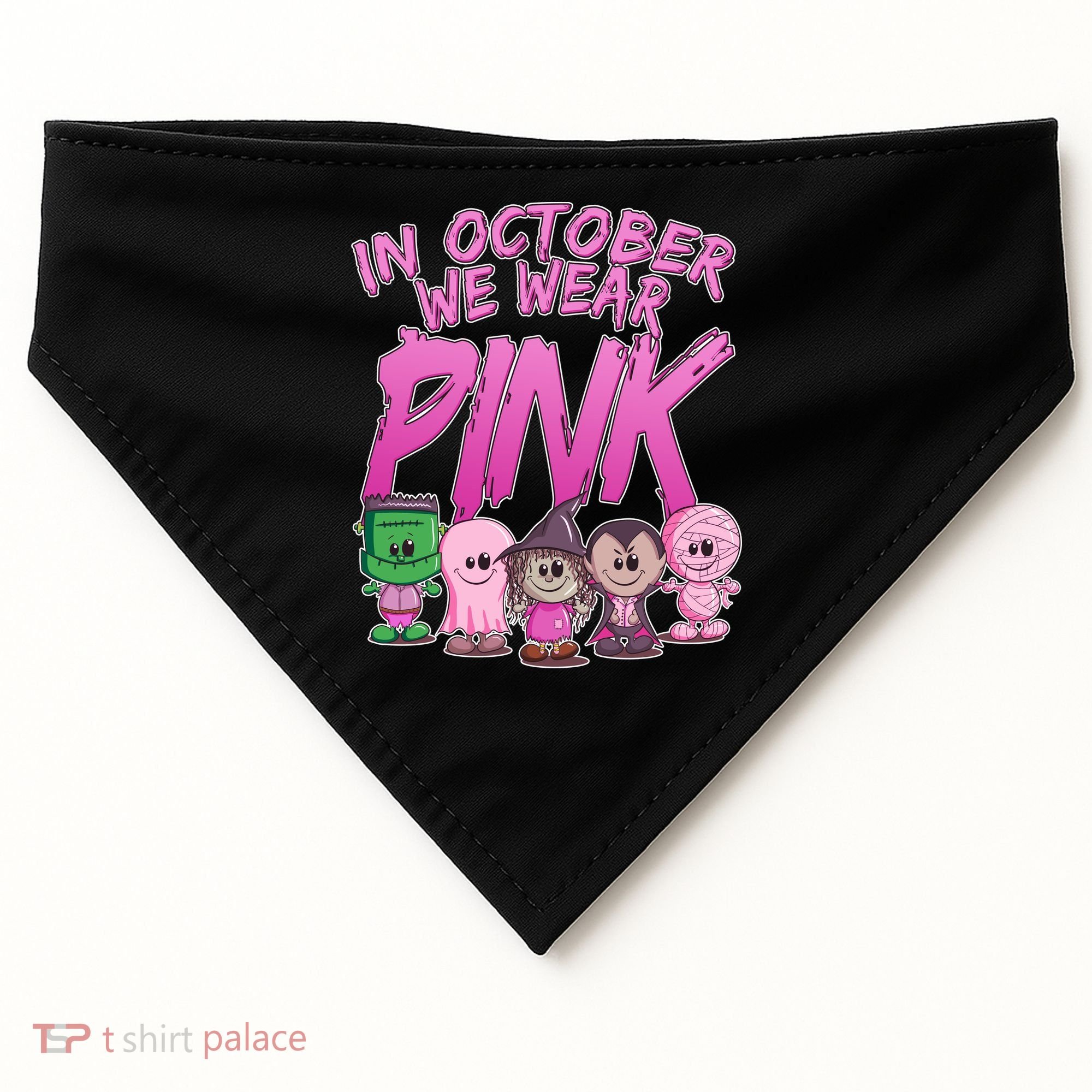 In October We Wear Pink Breast Cancer Halloween Monsters USA-Made Doggie Bandana