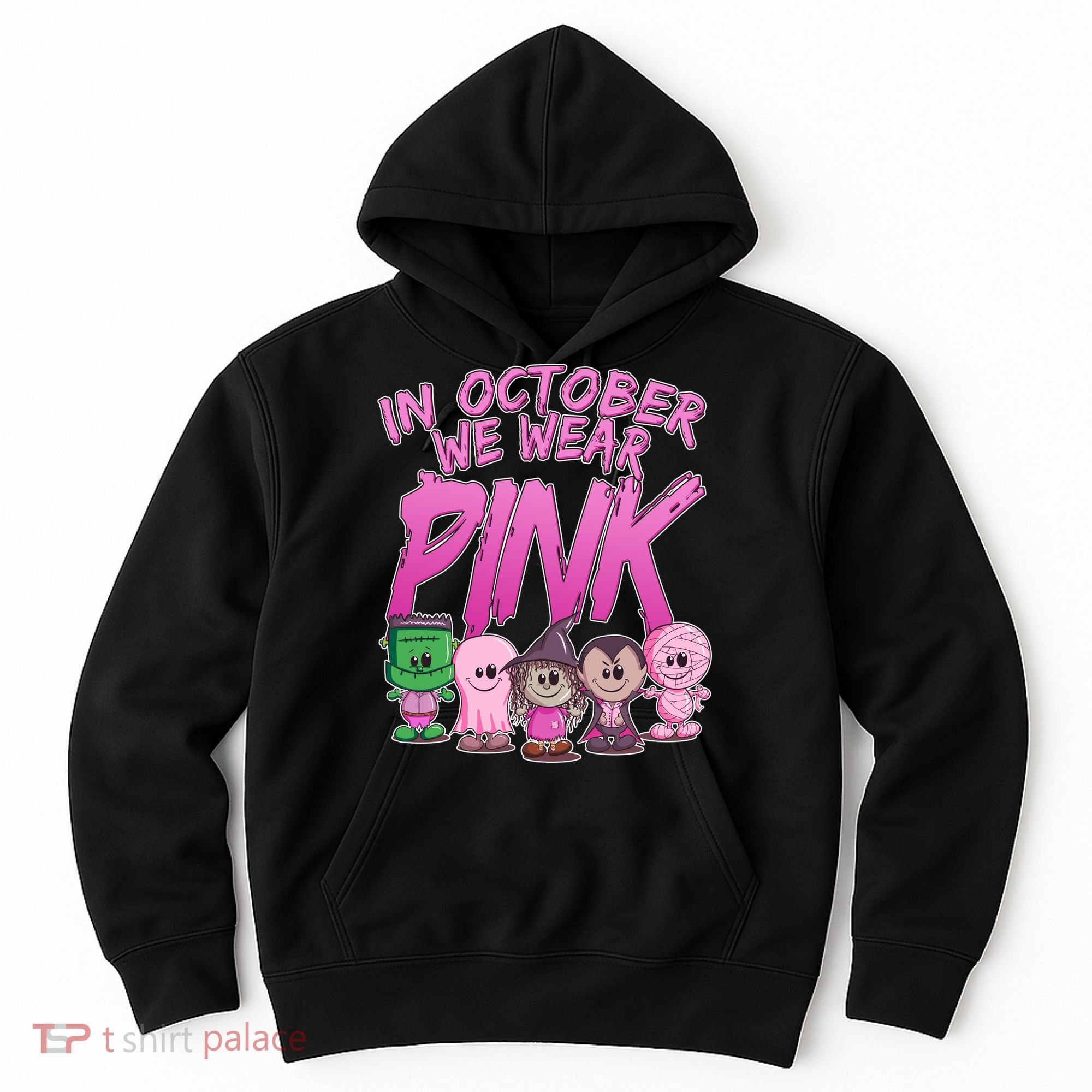 In October We Wear Pink Breast Cancer Halloween Monsters Hoodie