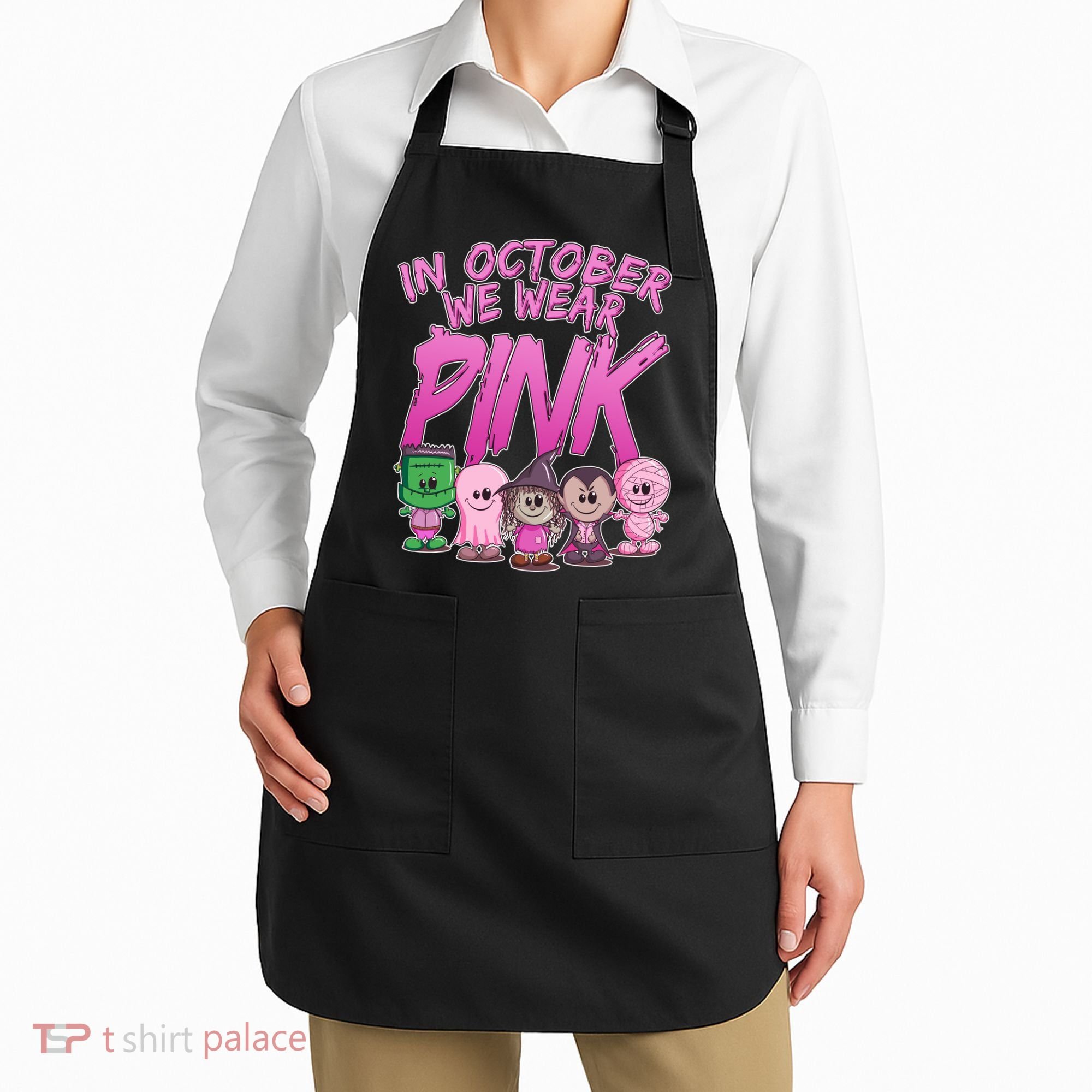 In October We Wear Pink Breast Cancer Halloween Monsters Apron