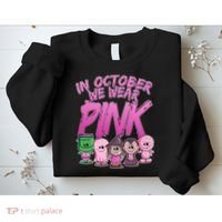 In October We Wear Pink Breast Cancer Halloween Monsters Sweatshirt thumb 2