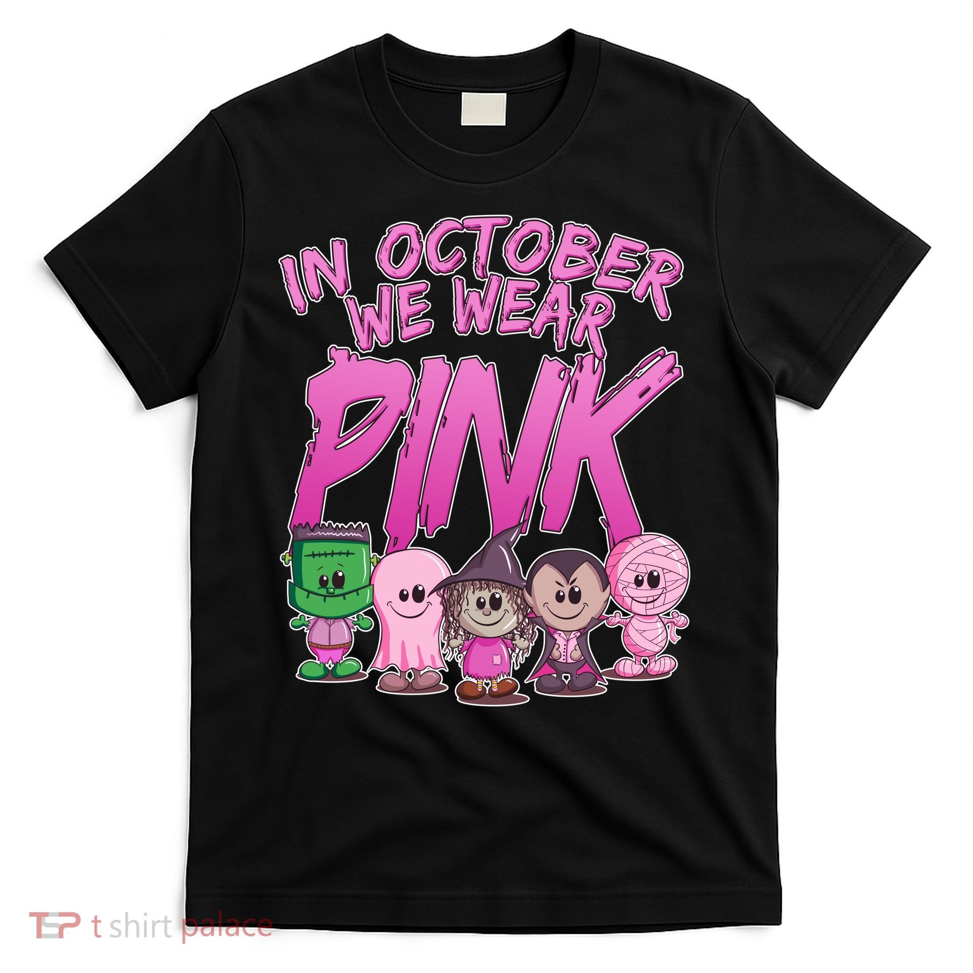 In October We Wear Pink Breast Cancer Halloween Monsters T-Shirt