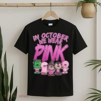 In October We Wear Pink Breast Cancer Halloween Monsters T-Shirt thumb 2