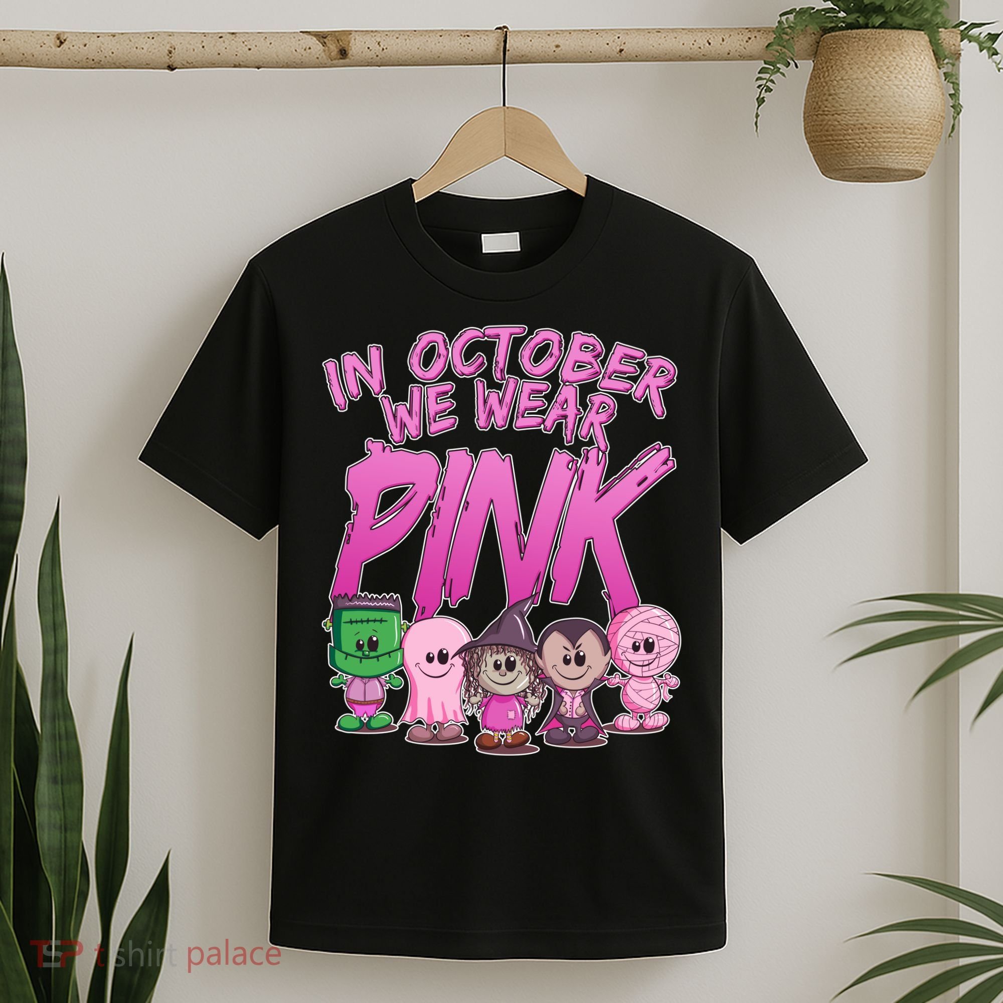 In October We Wear Pink Breast Cancer Halloween Monsters T-Shirt