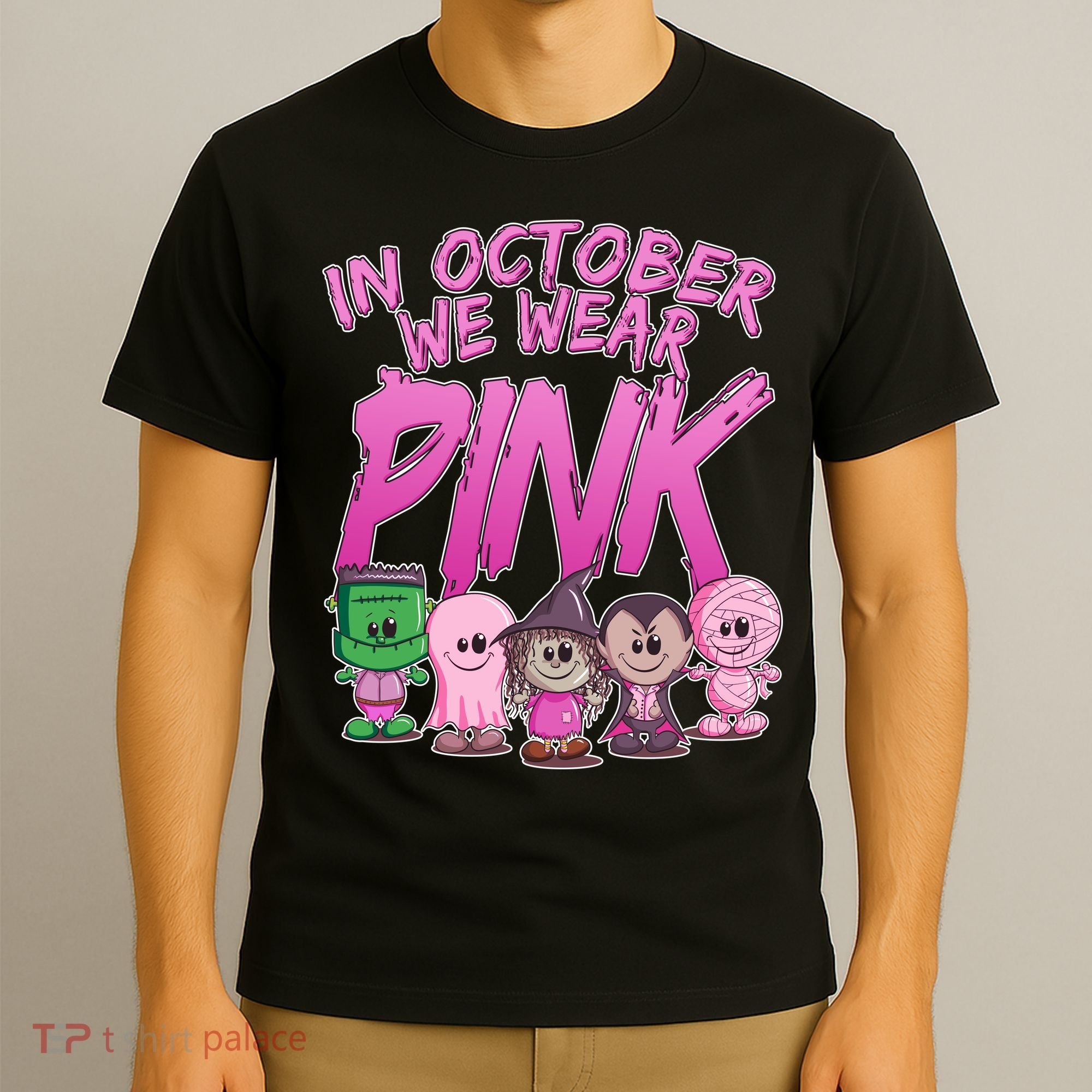 In October We Wear Pink Breast Cancer Halloween Monsters T-Shirt
