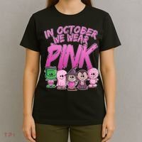 In October We Wear Pink Breast Cancer Halloween Monsters T-Shirt thumb 4