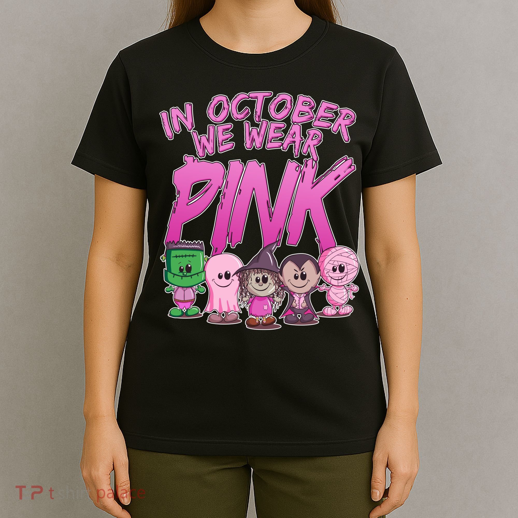 In October We Wear Pink Breast Cancer Halloween Monsters T-Shirt