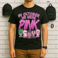 In October We Wear Pink Breast Cancer Halloween Monsters T-Shirt thumb 6