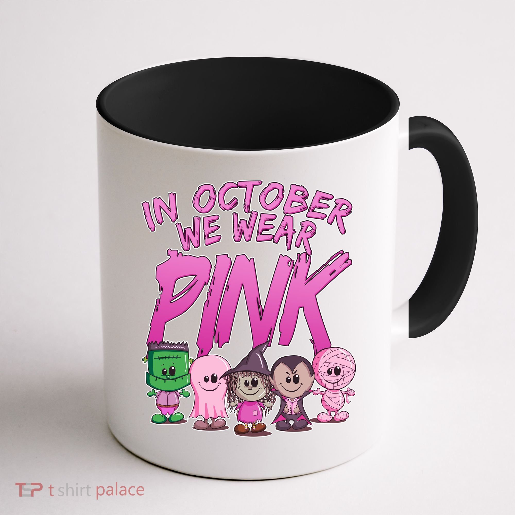 In October We Wear Pink Breast Cancer Halloween Monsters Coffee Mug