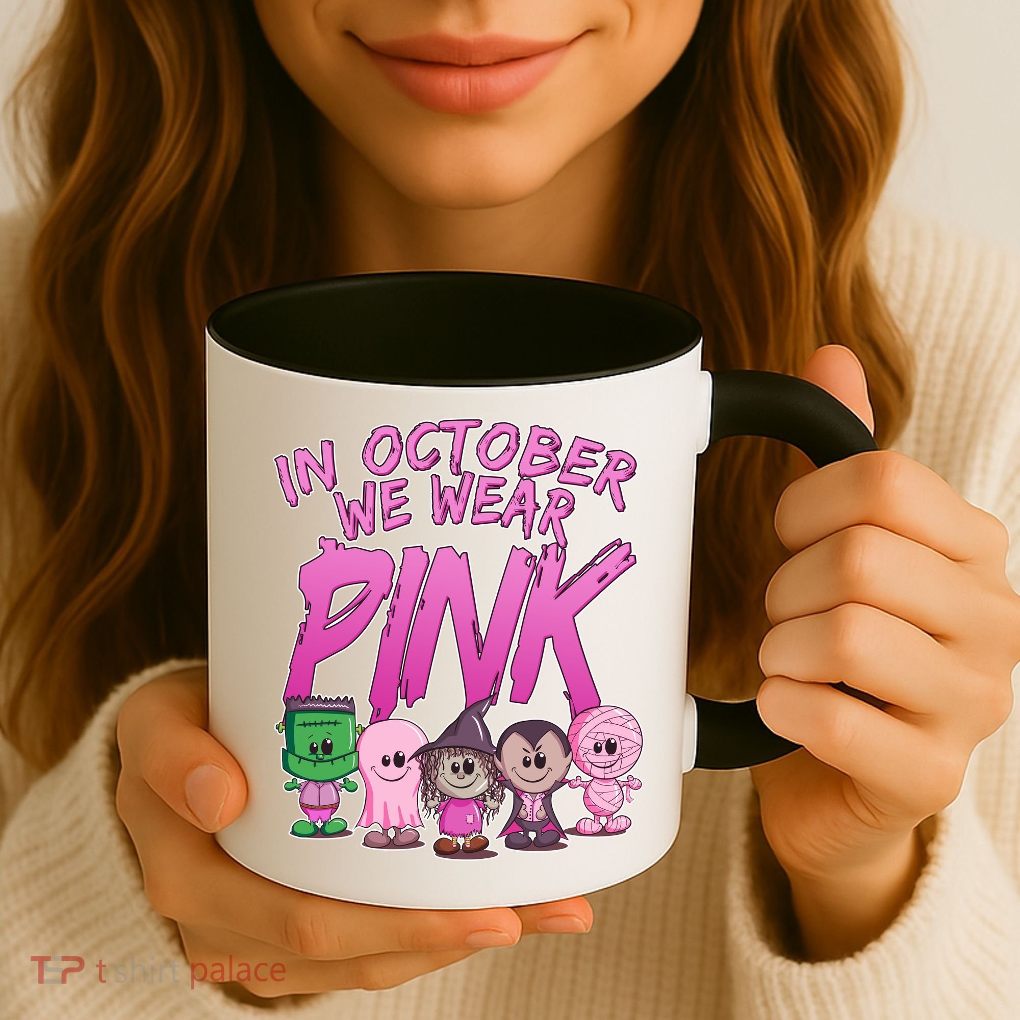 In October We Wear Pink Breast Cancer Halloween Monsters Coffee Mug