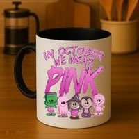 In October We Wear Pink Breast Cancer Halloween Monsters Coffee Mug thumb 4