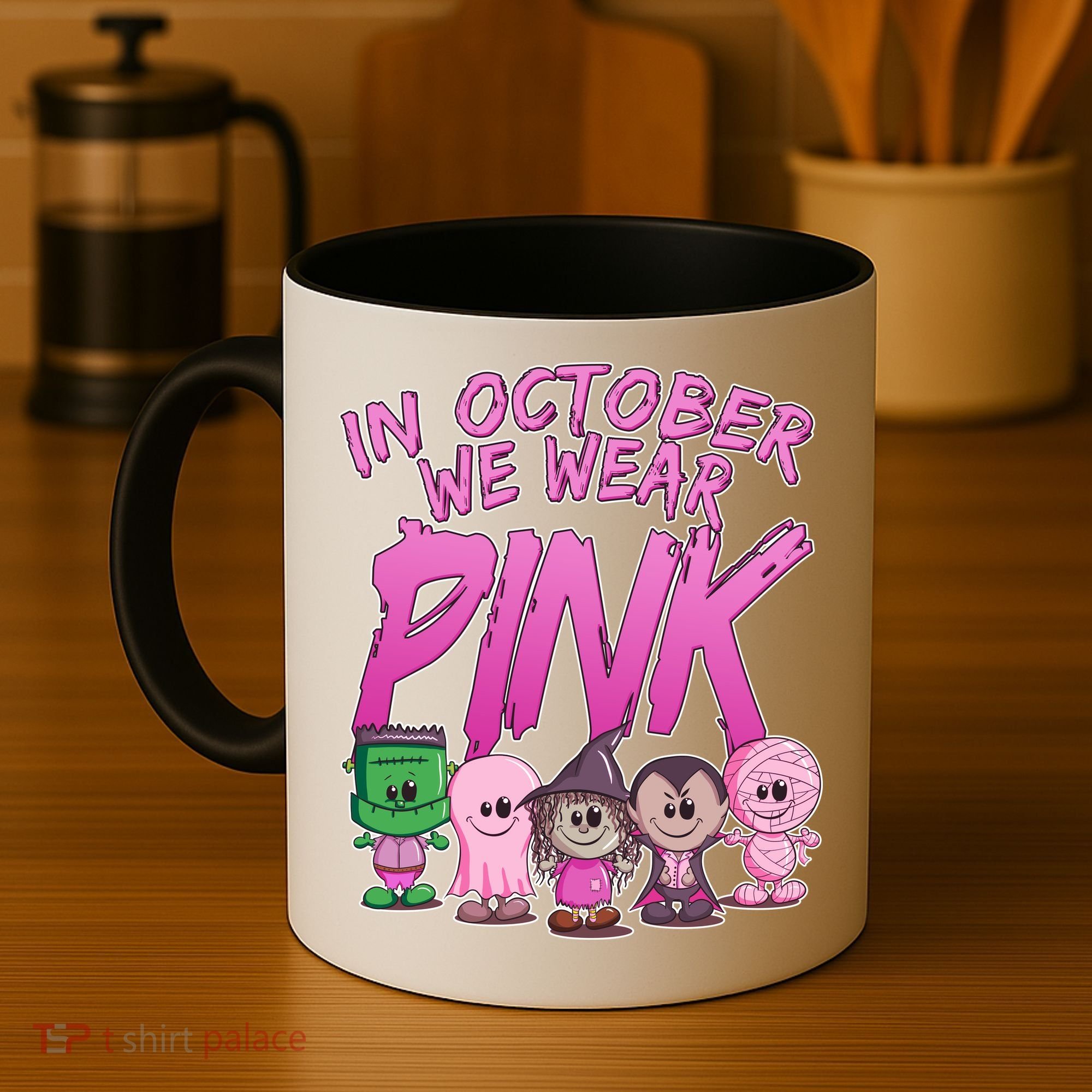 In October We Wear Pink Breast Cancer Halloween Monsters Coffee Mug