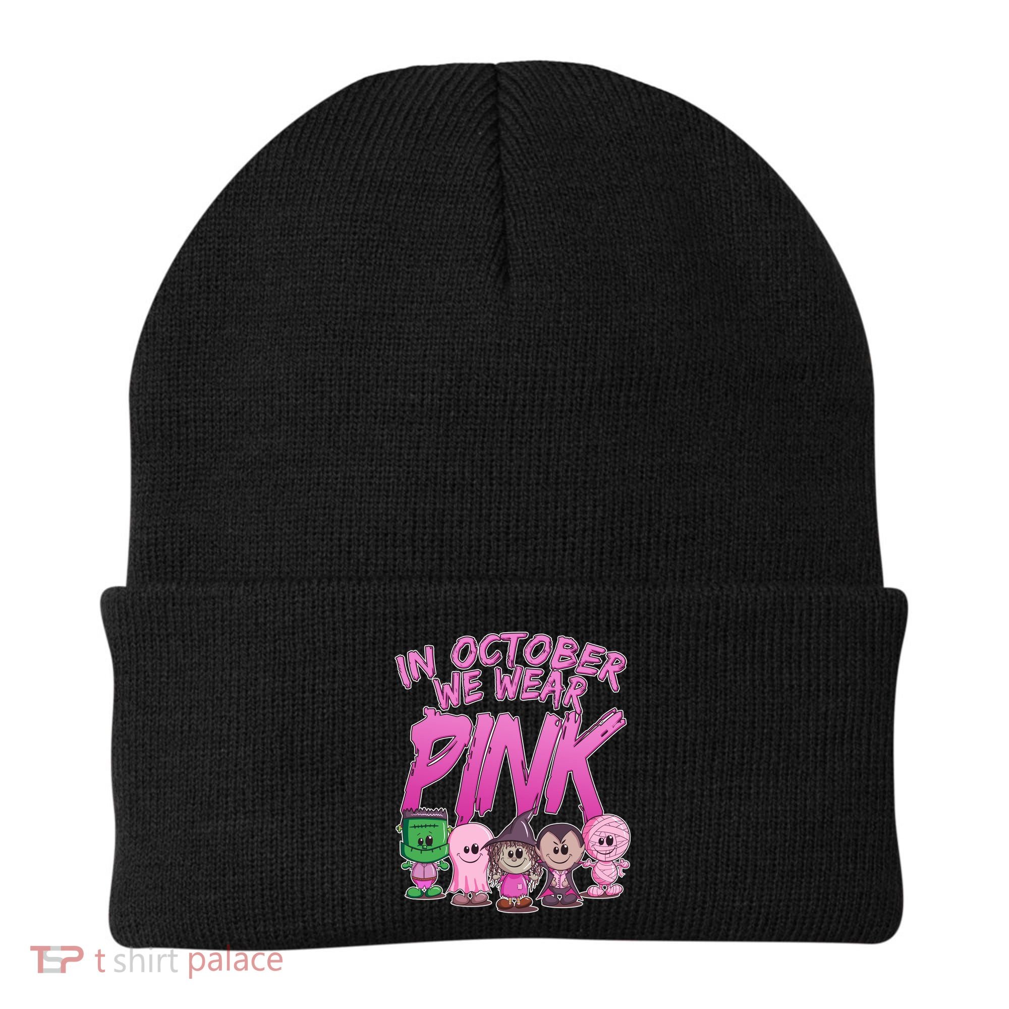 In October We Wear Pink Breast Cancer Halloween Monsters Beanie