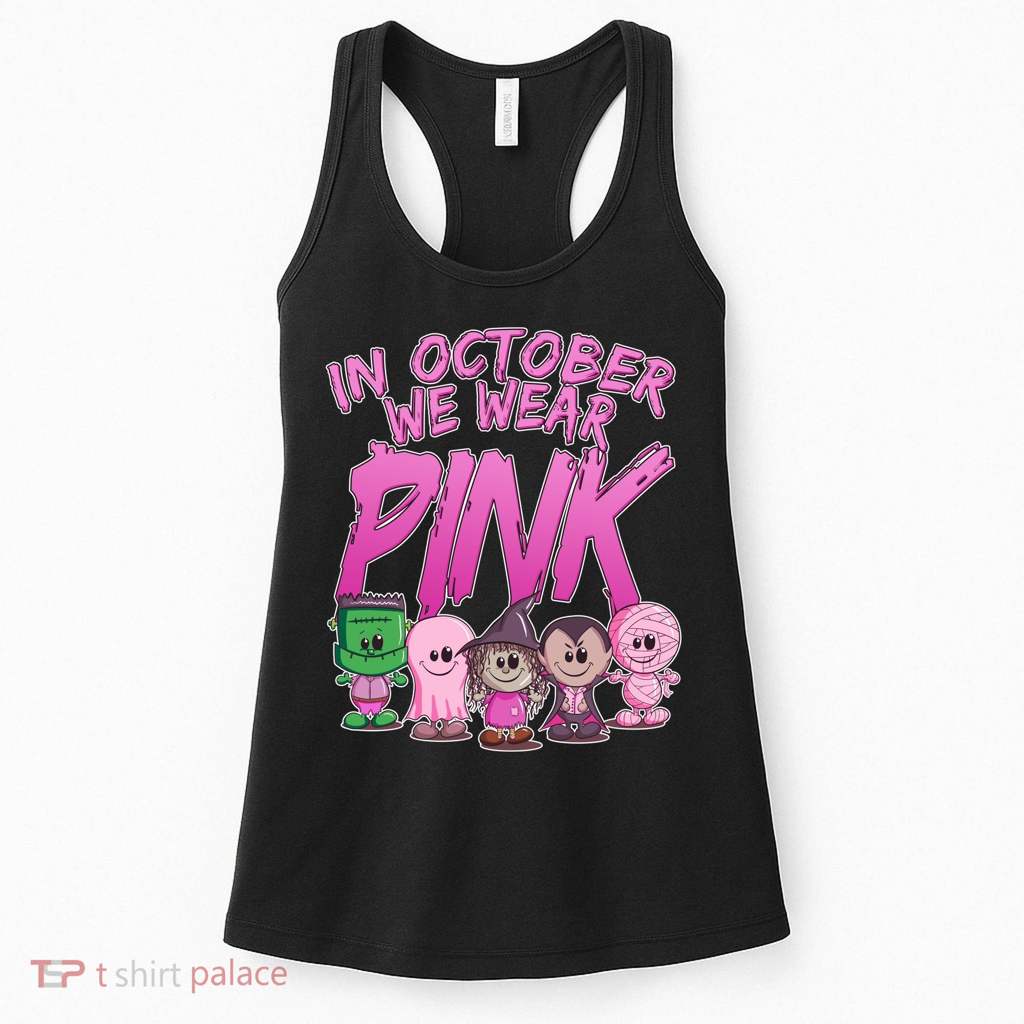 In October We Wear Pink Breast Cancer Halloween Monsters Women's Tank Top