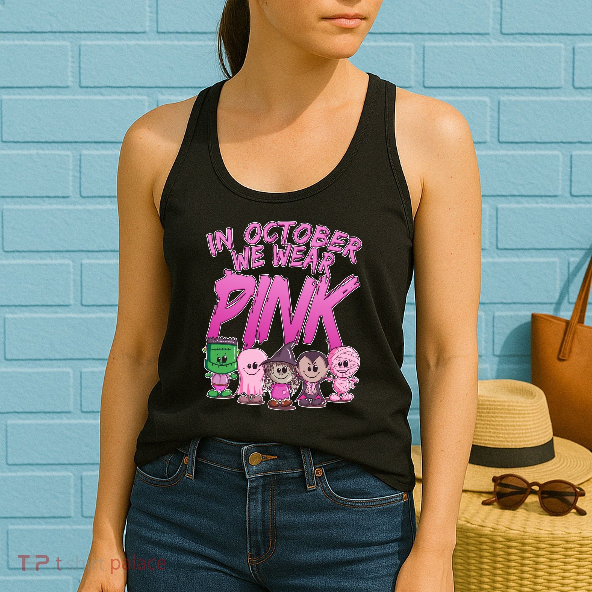 In October We Wear Pink Breast Cancer Halloween Monsters Women's Tank Top