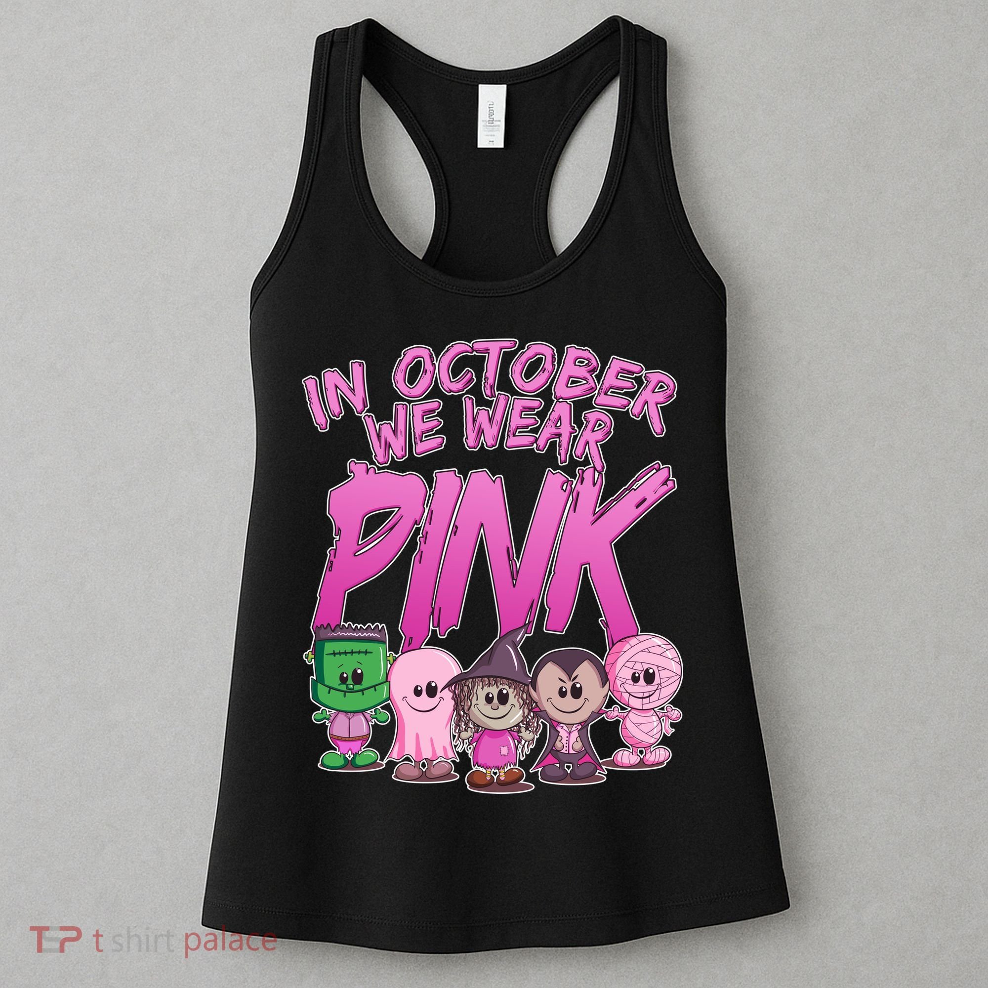 In October We Wear Pink Breast Cancer Halloween Monsters Women's Tank Top