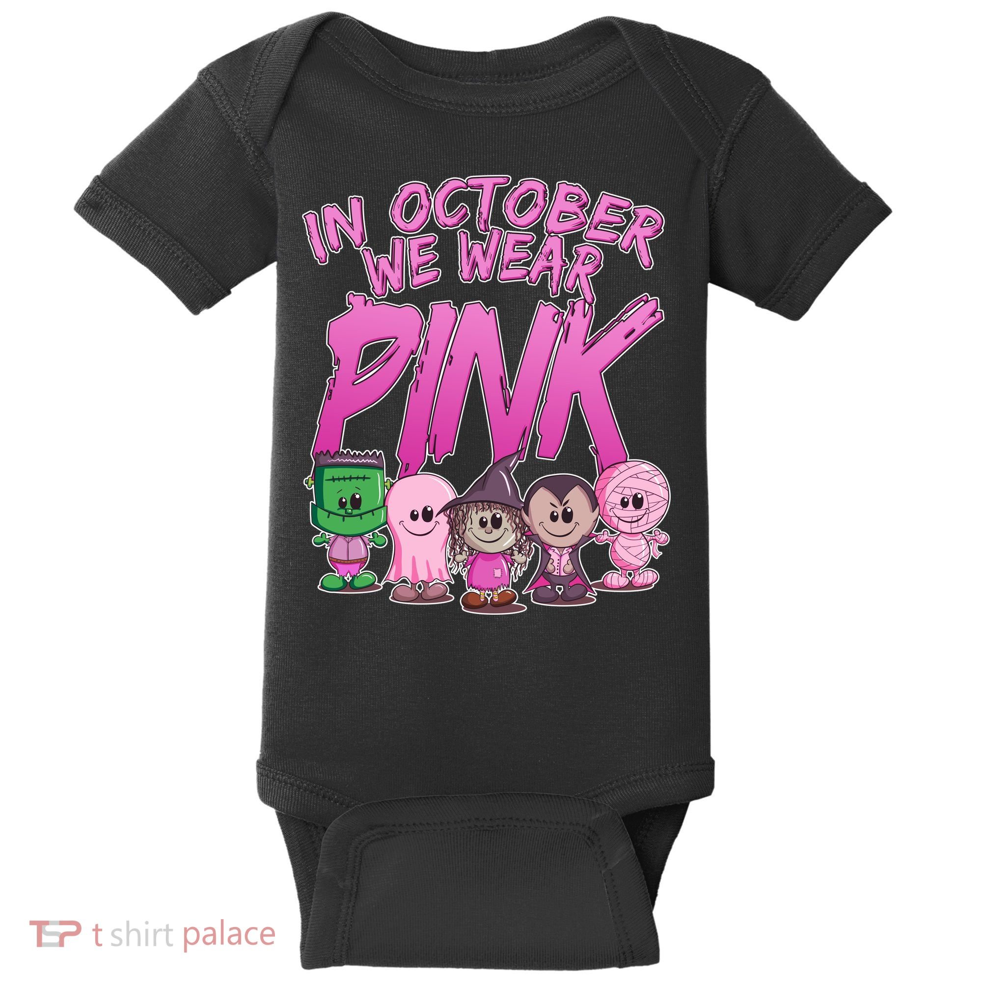 In October We Wear Pink Breast Cancer Halloween Monsters Baby Bodysuit