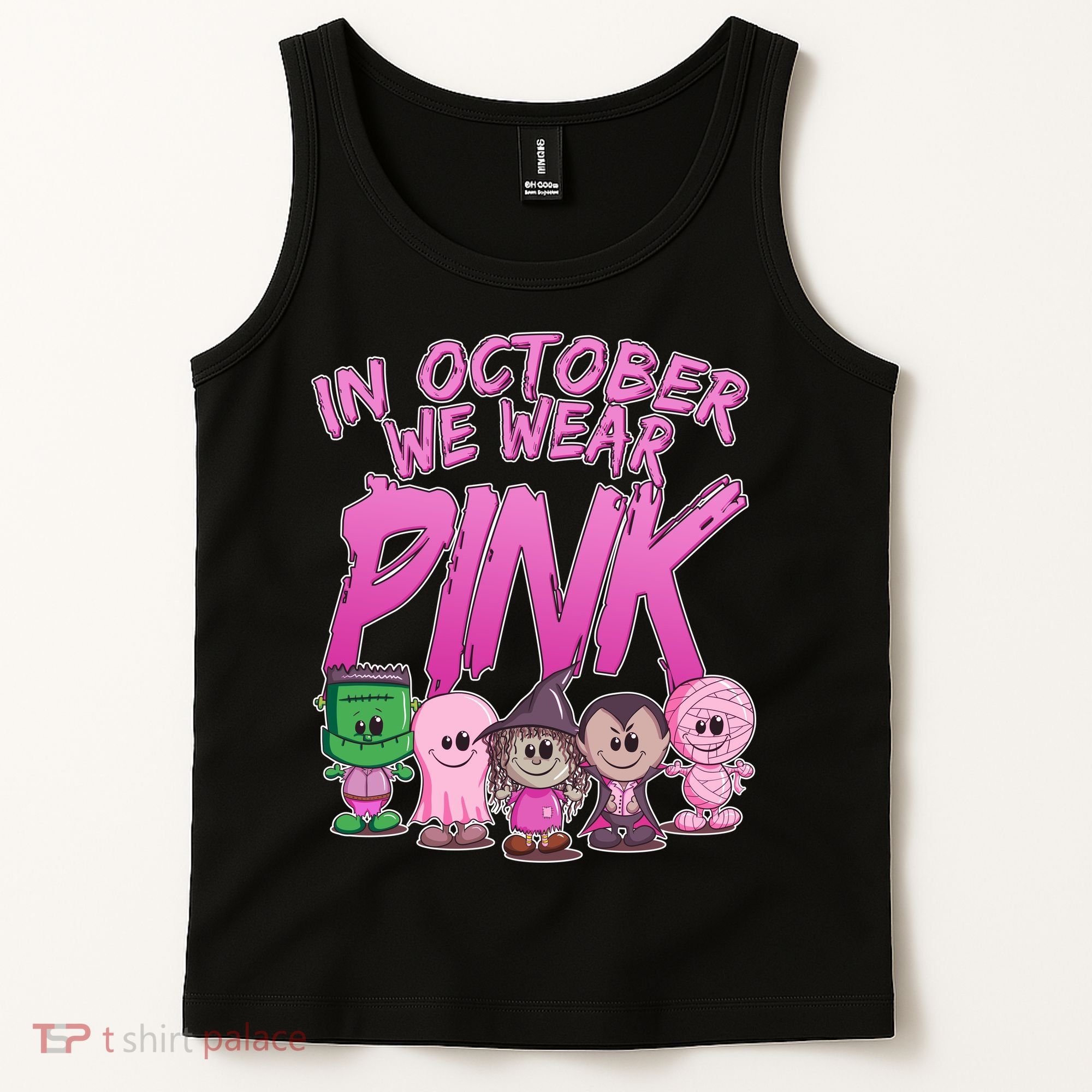 In October We Wear Pink Breast Cancer Halloween Monsters Tank Top