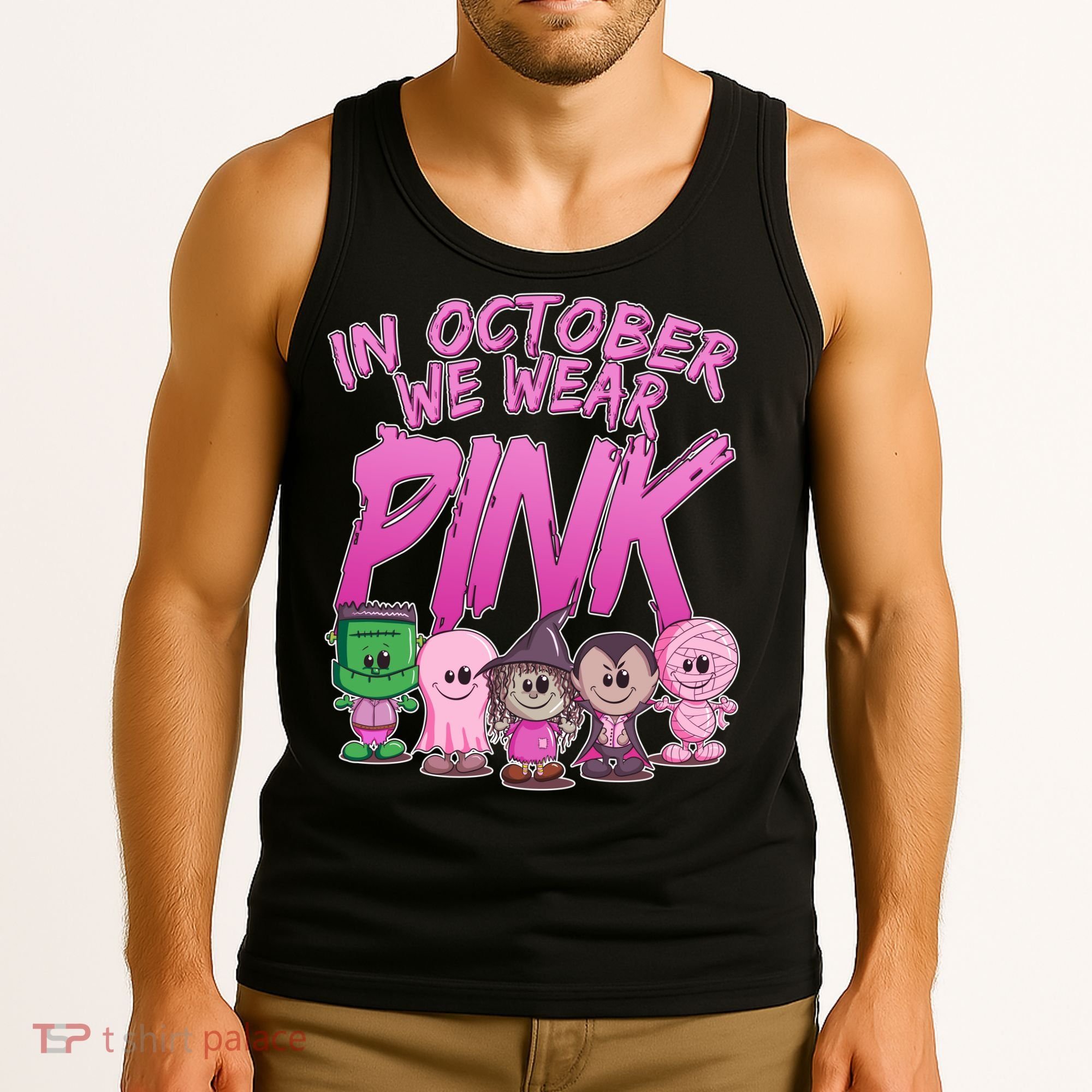 In October We Wear Pink Breast Cancer Halloween Monsters Tank Top
