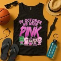 In October We Wear Pink Breast Cancer Halloween Monsters Tank Top thumb 4
