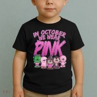 In October We Wear Pink Breast Cancer Halloween Monsters Toddler T-Shirt thumb 2