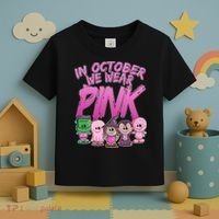 In October We Wear Pink Breast Cancer Halloween Monsters Toddler T-Shirt thumb 3